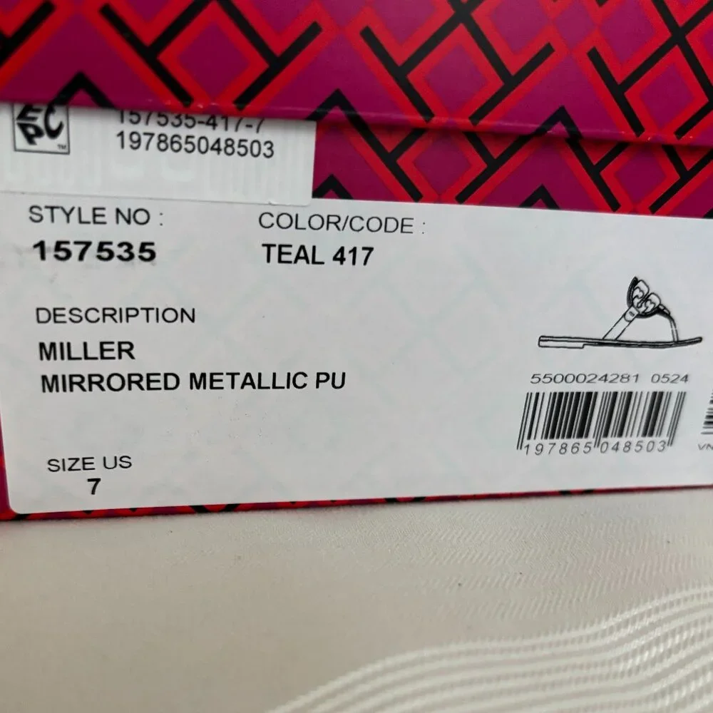 Tory Burch Miller Mirrored Metallic Sandal- Teal Color - Picture 6 of 11